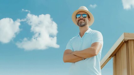 Confident Caucasian man with hat and sunglasses smiling against a bright sky Leisure and success concept