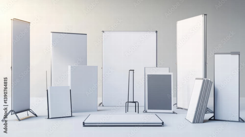 Aufkleber display stand mockup: a versatile collection of empty display stands, meticulously arranged to showc