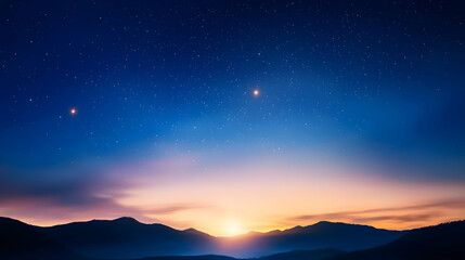 Sunset Sky Over Mountain Silhouette With Orange And Blue Gradient And Sparkling Stars