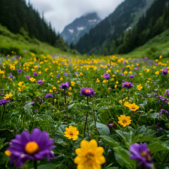 Obraz premium Vibrant Field Of Purple And Yellow Wildflowers In Lush Meadow With Mountain Peaks And Forest Background