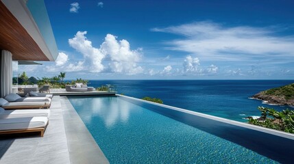 Fototapeta premium Modern luxury villa with infinity pool overlooking the ocean under a clear blue sky
