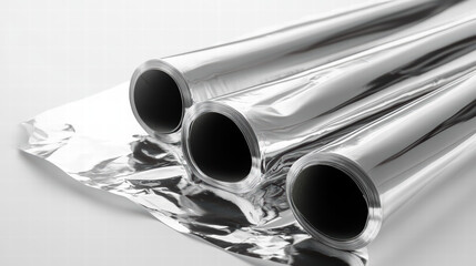 Fototapeta premium Aluminum Foil Rolls: Three gleaming rolls of aluminum foil lie neatly arranged, their metallic surfaces reflecting light with a clean, modern aesthetic.