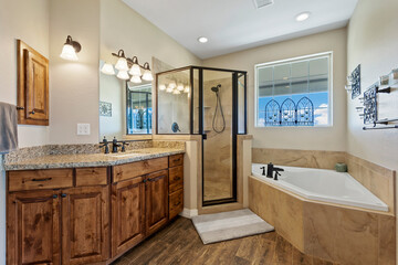 A welldesigned bathroom outfitted with a tub, sink, shower, and a mirror