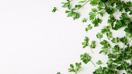 Fresh chervil leaves elegantly scattered on a pristine white background