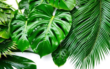 Obraz premium Tropical Greenery Abundance Fresh Leaves Vibrant Foliage. Monstera And Palm Fronds. Exotic Plants On White. A Lush Botanical Display For A Lively Design.