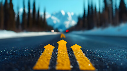 Yellow Arrow Road Markings Lead to Snow Capped Mountains in Winter Landscape