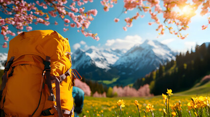 Yellow Backpack Facing Snowy Mountain Landscape Beneath Blossoming Trees on a Sunny Day