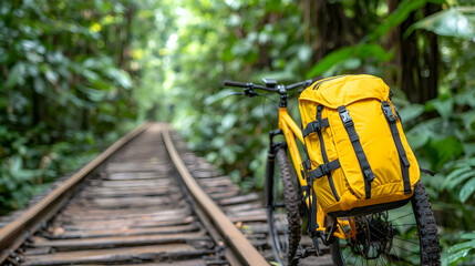 Yellow Backpack On A Mountain Bike On Railway Tracks In Lush Green Forest With Natural Light