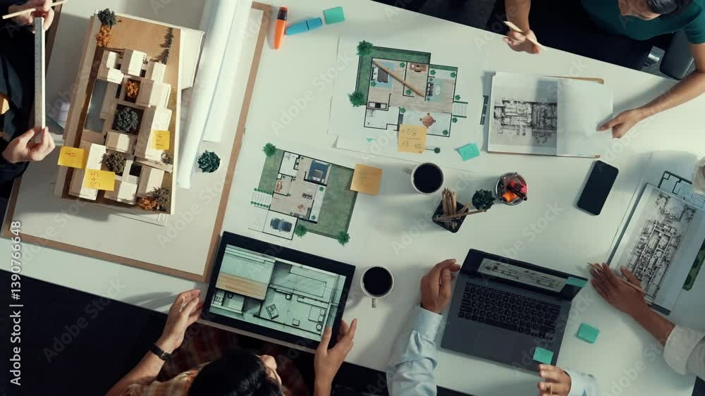 Aufkleber group of diverse team planning strategy while sitting at table with project plan. top aerial view of