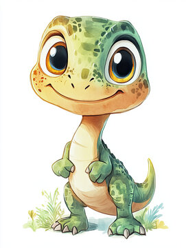 Watercolor illustration of a cute cartoon dinosaur on a white background, featuring soft colors and playful expression, perfect for kids&rsquo; designs and nursery decor.