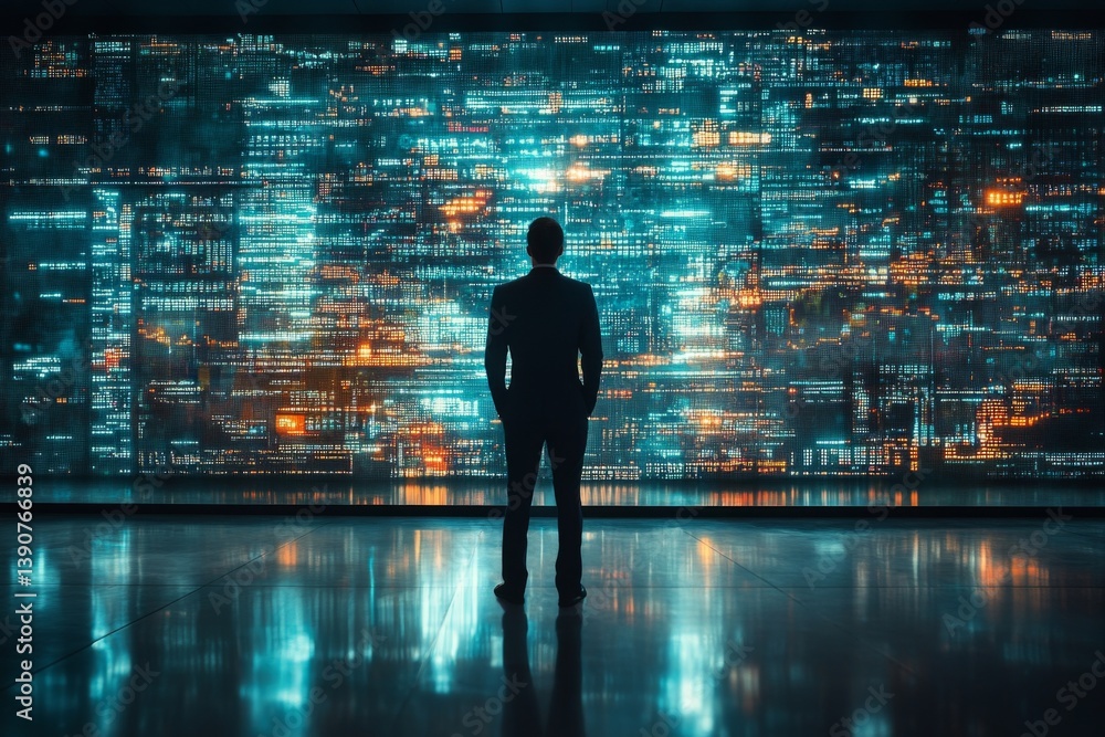 Poster a person stands in front of a large digital screen filled with colorful data patterns, reflecting cu