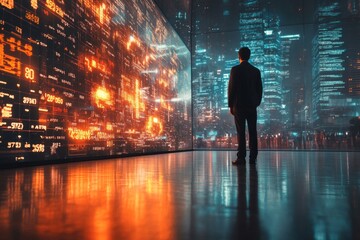 In a futuristic urban environment, an individual observes a large digital display filled with colorful data visuals and city lights reflecting in the background Generative AI