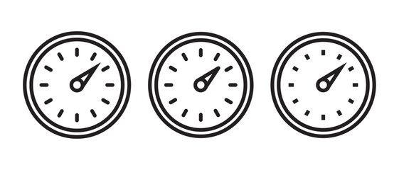 Black isolated outlined thin illustration set of 3 speedometer versions. Vector icons in flat style.