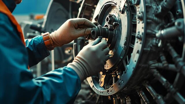 Close up of mechanic's hands repairing airplane turbine, preflight preparation and inspection of aircraft 