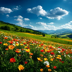 Obraz premium Vibrant Floral Meadow Under Blue Sky and Rolling Green Hills Scenic Landscape
