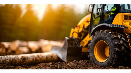 Yellow Construction Machinery In Forest Transporting Log During Daylight