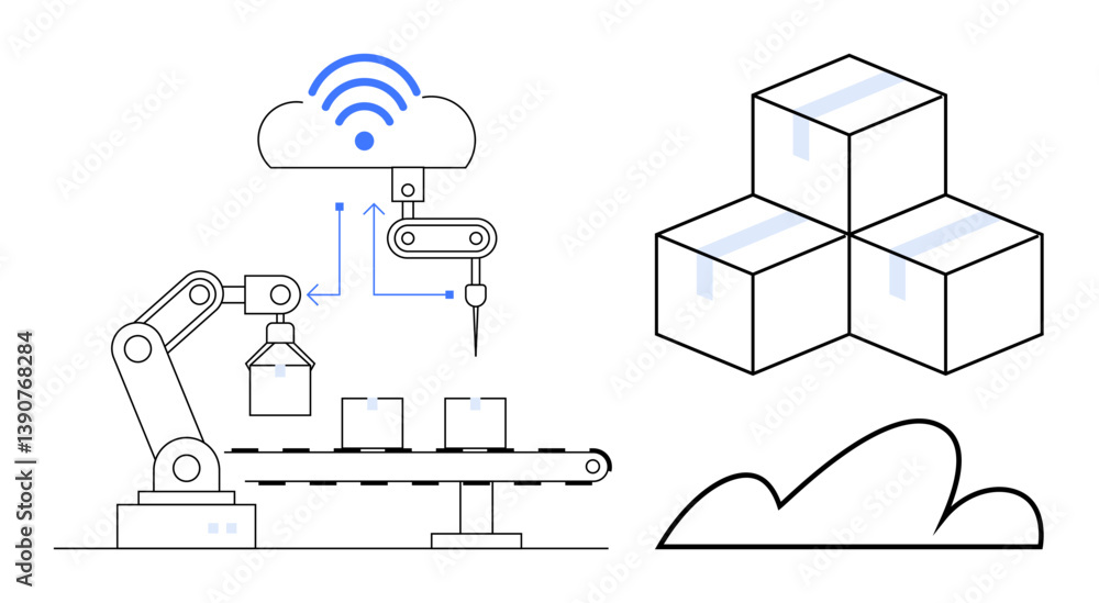Aufkleber robotic arm working on conveyor belt connected to cloud network. stacked boxes symbolize logistics. 