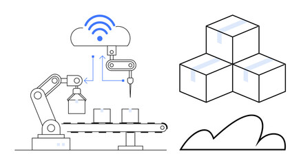 Robotic arm working on conveyor belt connected to cloud network. Stacked boxes symbolize logistics. Ideal for technology, automation, IoT, logistics, smart factories, supply chains industry. Simple