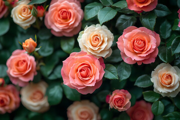 Obraz premium Beautiful arrangement of peach and white roses with green leaves in a garden setting