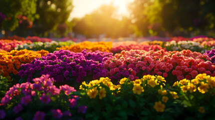 Obraz premium Vibrant Flower Field Under Sunset With Colorful Blossoms and Warm Light