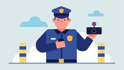 Officer with a Body Camera A police officer adjusting their body camera while monitoring the roadblock prepared to document any suious activity or events.
