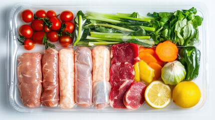 Fresh Culinary Ingredients: A tempting selection of fresh culinary ingredients, meticulously arranged within a transparent container, including vibrant vegetables, savory meats.
