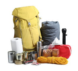 Disaster supply kit for earthquake on white background