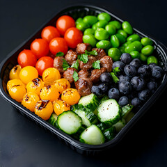 Vibrant Food Composition in Square Container with Tomatoes Berries and Cucumbers on Black