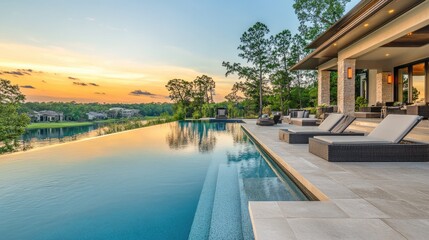 Fototapeta premium Serene Outdoor Infinity Pool at Luxury Home with Sunset View over Lush Green Landscape and Tranquil Waters