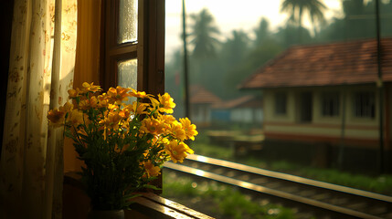 Obraz premium Yellow Floral Arrangement in Vase on Window Sill with Railway Scene