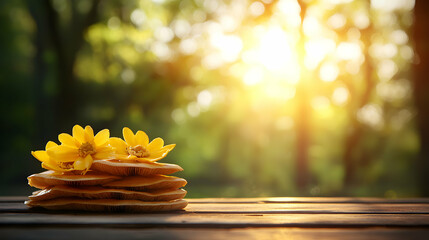Yellow Flowers atop Stacked Wooden Elements with Sunlit Bokeh Background