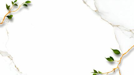 White Marble Texture With Golden Veins And Green Leaves for Elegant Design Background
