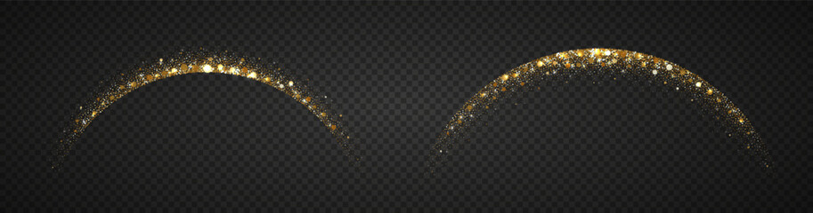 Gold glitter arch with sparkles. Glowing shooting star tail light effect. Isolated sparkle frame for Christmas or New Year decor. © Ann_Sereda