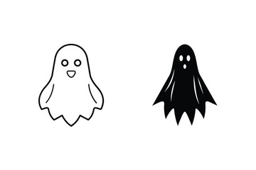 Minimalist Halloween Ghost Duo Black And White Line Art Vector Illustration