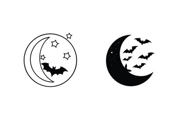 Obraz premium Halloween Moon And Bat Silhouettes Vector Illustration Spooky Night Graphic Designs