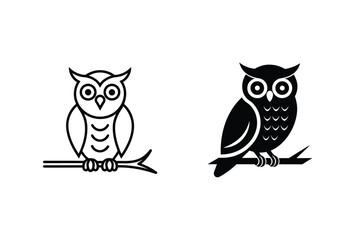 Owl Vector Illustration Set With Branch In Black And White Outline