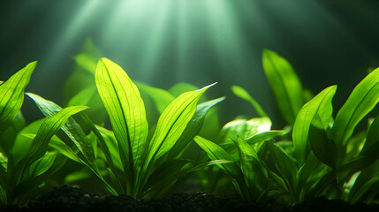 Vibrant Green Aquatic Plants Illuminated By Soft Sunlight Against Dark Background