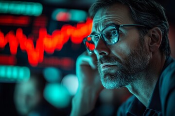 Worried traders monitor rapid market changes on Wall Street, displaying intense focus as red charts indicate volatility and uncertainty in financial trends Generative AI