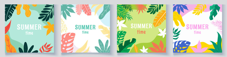Abstract square tropical leaf cards with bright colors. Minimalist summer design for posters, invitations, banners, branding, and ads. Perfect for seasonal marketing projects
