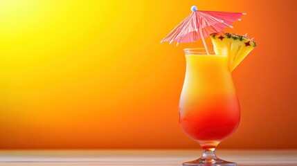 Tequila sunrise cocktail in hurricane glass with pineapple garnish and paper umbrella against yellow background.