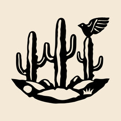 Bird sitting on cacti plant. Brazilian northeast cordel style. Woodcut vector illustration