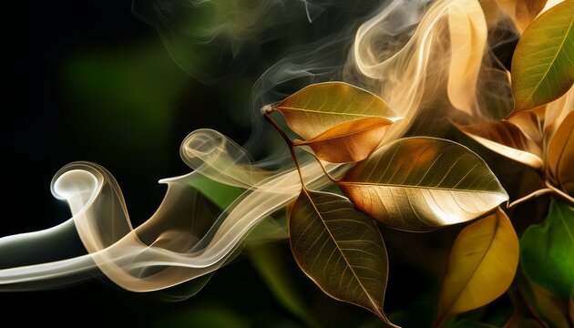 smoke close up selective soft focus gold broze green leaf twig natural abstract background