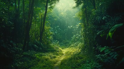 Obraz premium Lush jungle path sunrise, misty forest background, nature exploration