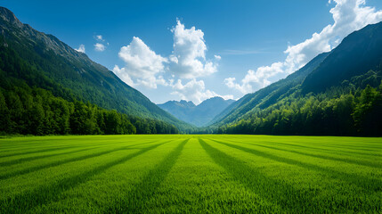Obraz premium Vibrant Green Field Leading To Valley Between Mountains Under Blue Sky With Fluffy White Clouds