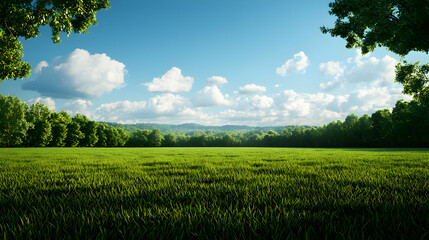 Fototapeta premium Vibrant Green Field Under Blue Sky With Fluffy White Clouds and Forest