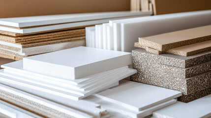 Crafting Materials Assembly: Close-up perspective on a collection of neatly stacked wood and construction material. An industrial scene, the essence of structure. 