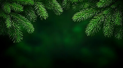 Vibrant Green Fir Branches Border on Dark Blurred Background for Holiday Season