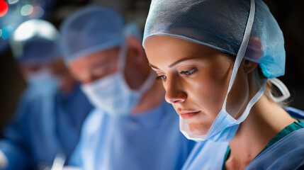 Focused female surgeon performing laparoscopic procedure in operating room