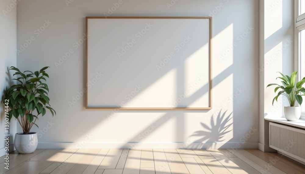 Poster empty frame with sunlight casting shadows in a modern room
