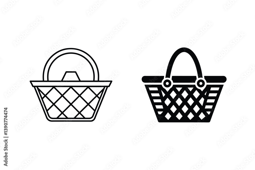 Poster wicker basket icon set simple outline and silhouette picnic basket vector design